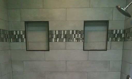 Double niche, stone, ceramic, side by side niche, glass tile, glass border, 8x17 subway tile, subway tile, unique shower
