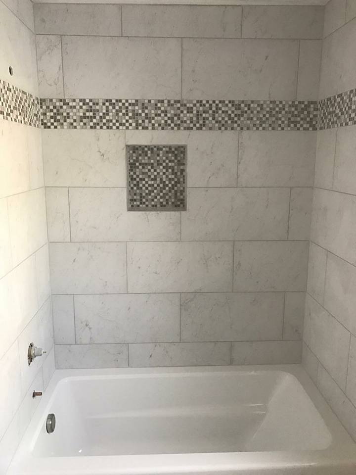 glass tile, glass border, niche, stone, marble, ceramic, bathtub enclosure