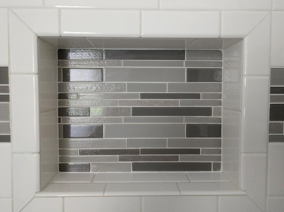 white, grey, subway tile, glass tile inset, ceramic tile, walk-in shower, border, shower