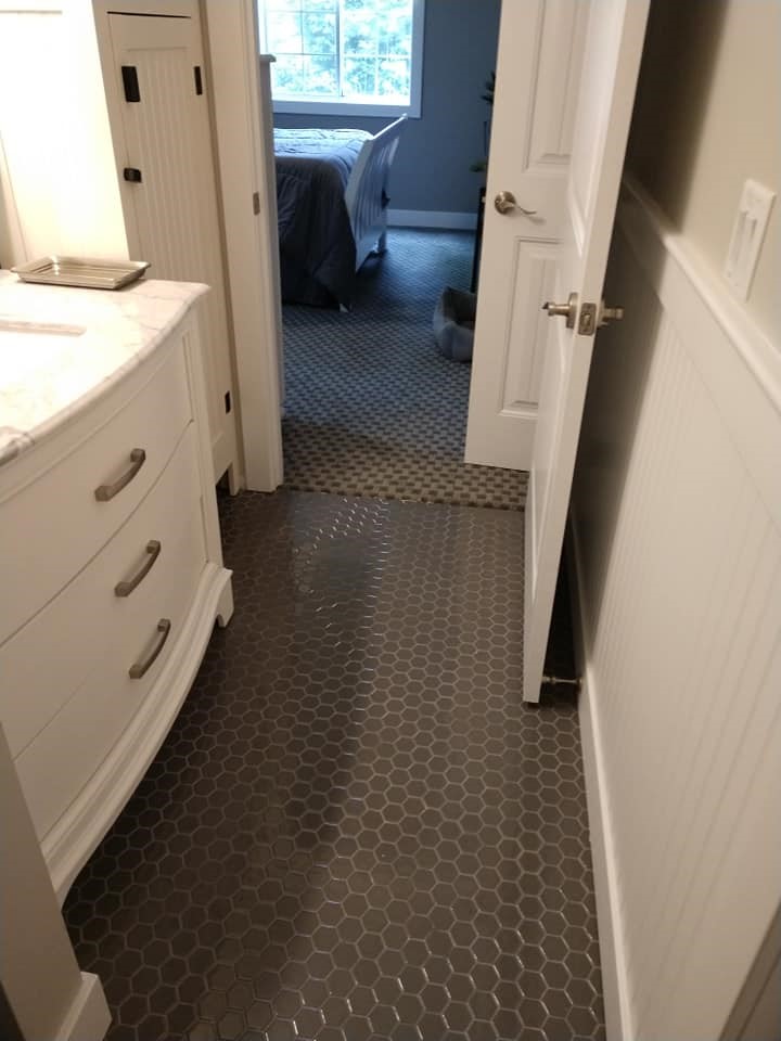 glass tile, taupe, white grout, hexagon tile, floor tile, bathroom, white shiplap