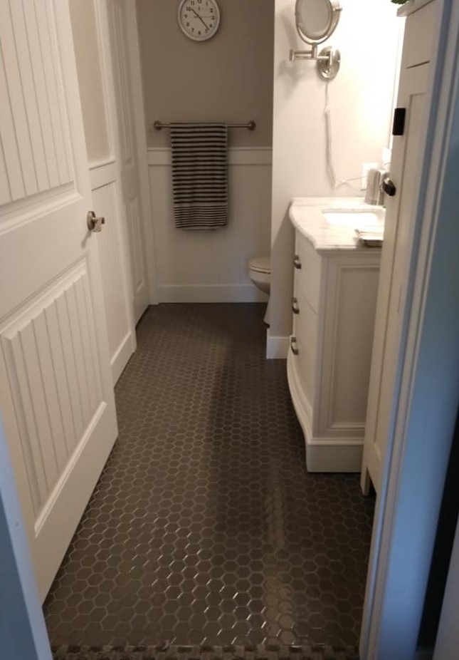 glass tile, taupe, white grout, hexagon tile, floor tile, bathroom, white shiplap