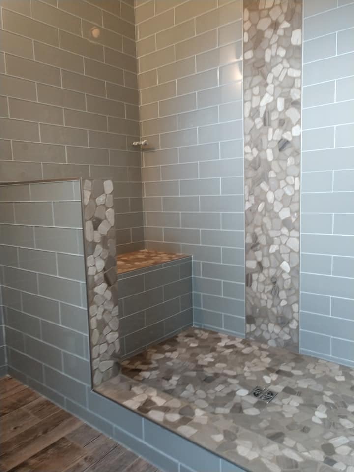 glass tile, subway tile, pebble stone pan, built-in bench, shower, walk-in