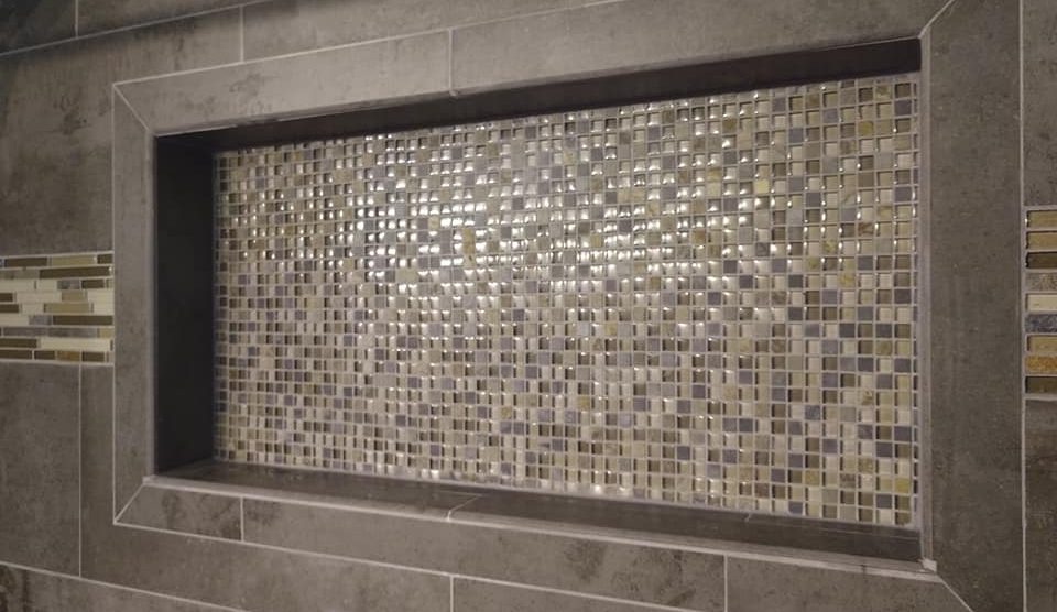 Tile niche, glass tile, border, ceramic tile, stone look, taupe, earth tones
