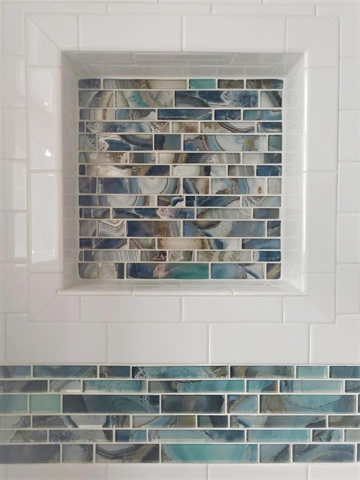 teal, aqua, blue, bright, vibrant, white, tile, subway, niche, border, Home Depot