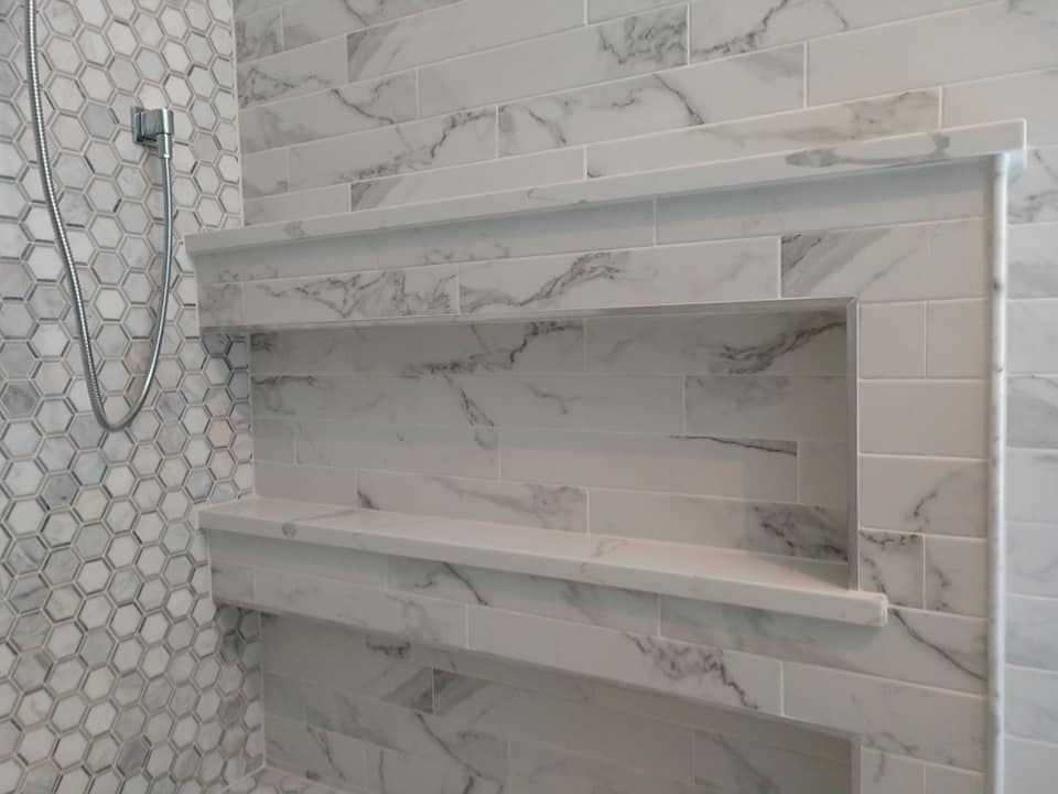 walk-in, shower, double niche, unique idea, hexagon tile, stone, marble, subway tile, 3x9 tile, shower pan, elegant, white, grey, gray, exquisite