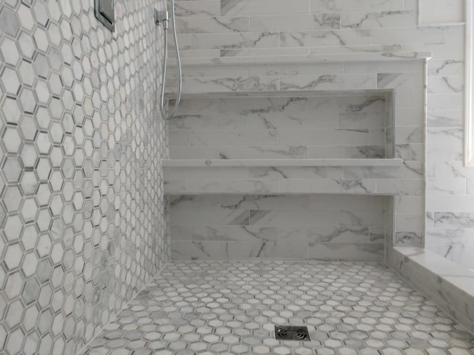 walk-in, shower, double niche, unique idea, hexagon tile, stone, marble, subway tile, 3x9 tile, shower pan, elegant, white, grey, gray, exquisite